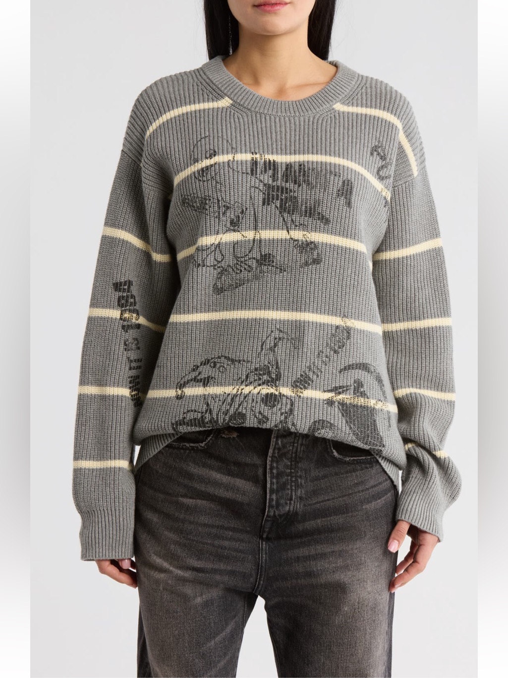 Nwt R13 Striped Boyfriend Sweater In Heather Gray With Graphics Sz S